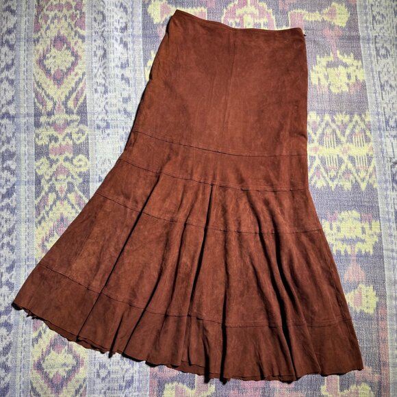 Vintage Leather Tiered Brown Flare Maxi Skirt Women's Size 8 - Picture 1 of 12